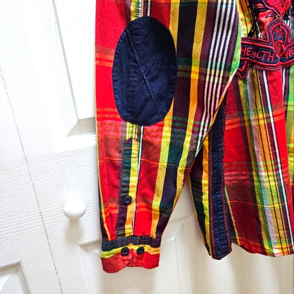 Parish Nation Powerhouse Front Runners Men's Flannel Shirt 2XL Red Plaid Patches - Picture 8 of 13